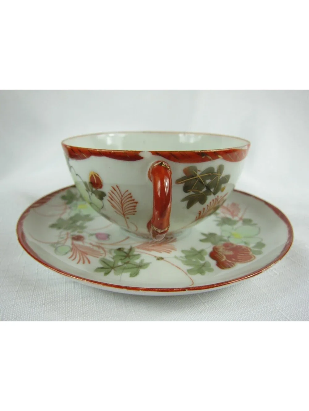 Antique Floral Red Pink Green & Gold Accent Tea Cup & Saucer Set Hand Painted